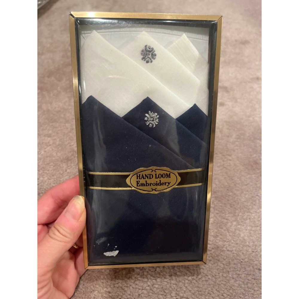 Vintage Hand Loom Embroidery Mens Cotton Handkerchief Set Navy White RN 16463